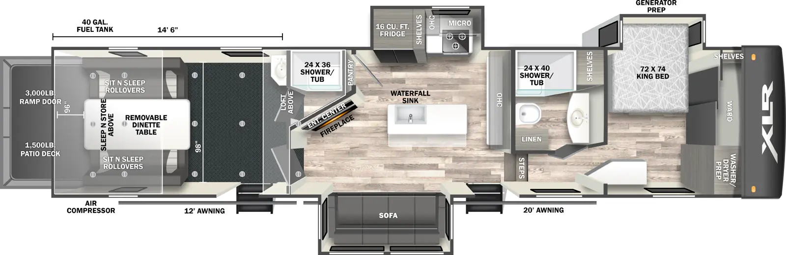 The XLR Nitro 39G15 floorplan is a toy hauler that has one entry and three slide outs. Exterior features include: fiberglass exterior and 12' & 20' awning. Interiors features include: loft, kitchen island, front bedroom and bathroom and a half.